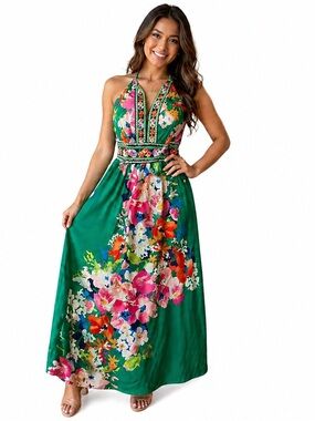 H1155. NEW Green Floral Halter Maxi Dress
